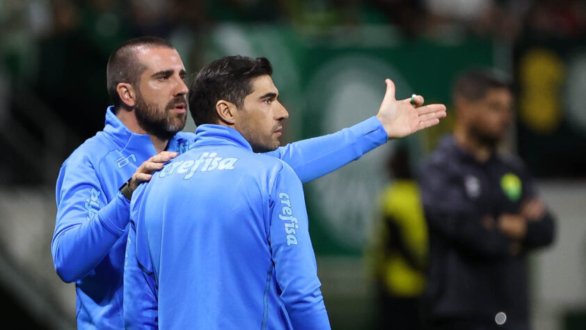 O técnico Abel Ferreira e o preparador físico João Martins (E), da SE Palmeiras, em jogo contra a equipe do Cuiabá EC, durante partida válida pela décima sétima rodada, do Campeonato Brasileiro, Série A, na arena Allianz Parque. (Foto: Cesar Greco)