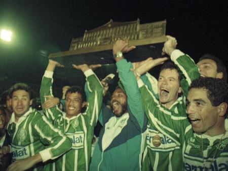 jogadores do palmeiras comemoram o titulo do campeonato paulista de 1993