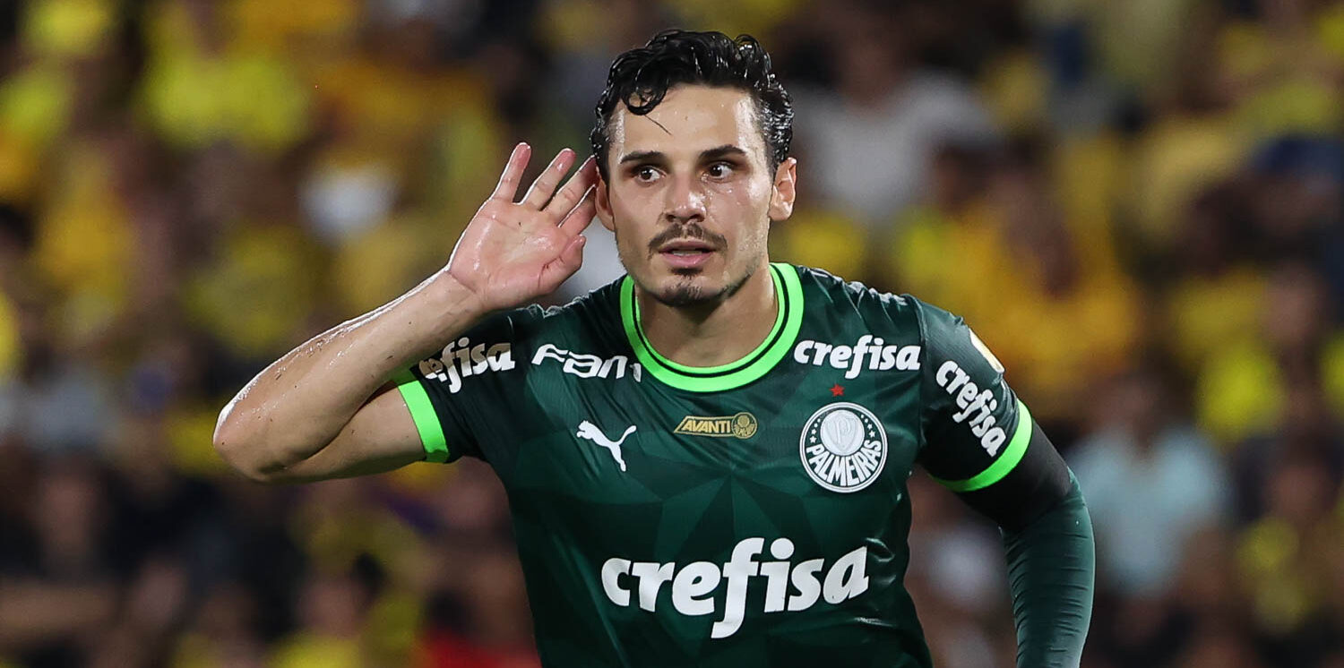 O jogador Raphael Veiga, da SE Palmeiras, comemora seu gol contra a equipe do Barcelona SC, durante partida válida pela fase de grupos, da Copa Libertadores, no Estádio Monumental. (Foto: Cesar Greco/Palmeiras/by Canon)