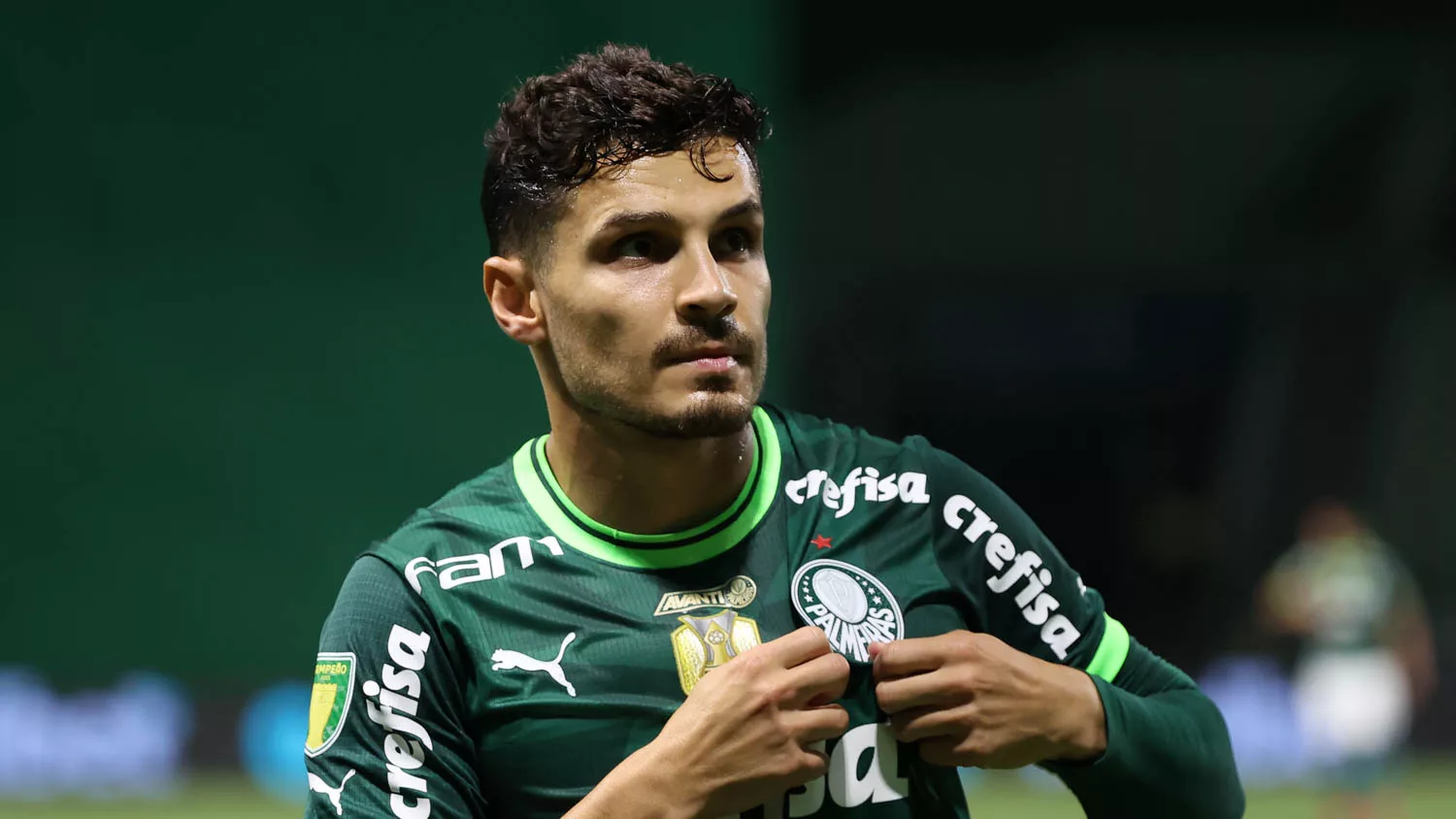 O jogador Raphael Veiga da SE Palmeiras comemora seu gol contra a equipe da AA Internacional Limeira durante partida valida pelo Campeonato Paulista na arena Allianz Parque jpg 1